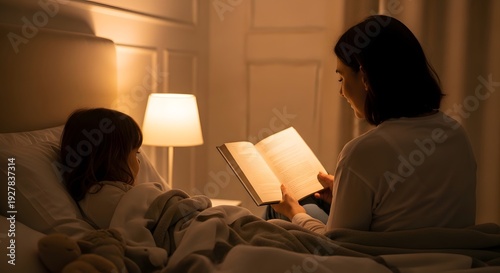 Mother Reading to Child in Bed.