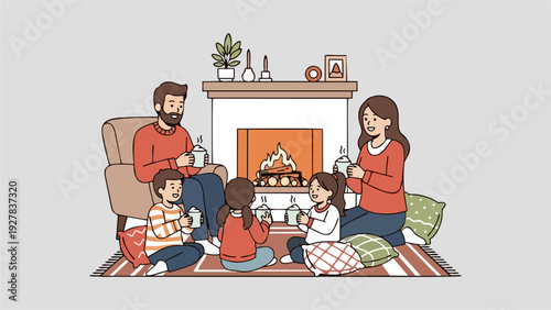 Cozy Family Time Together Enjoying Warm Drinks by the Fireplace Illustration