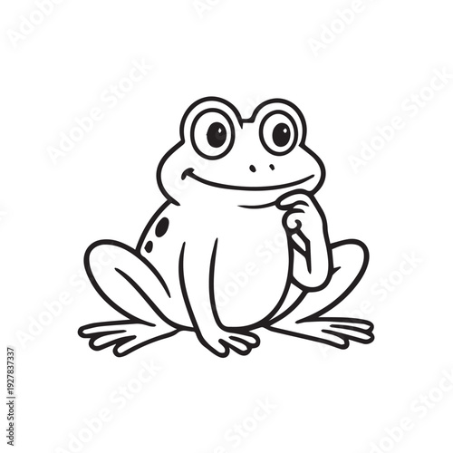 Cute cartoon vector of a little frog sitting quietly, lost in thought, with a dreamy expression, soft shapes, and a playful yet gentle mood.