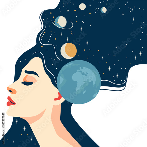 Cosmic Woman Profile with Earth and Planets in Galaxy Hair. Modern Flat Vector Illustration