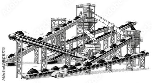 Industrial Machinery with Conveyors and Silos.