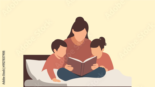Cozy Evening Mother Reading Bedtime Story to Two Children Illustration