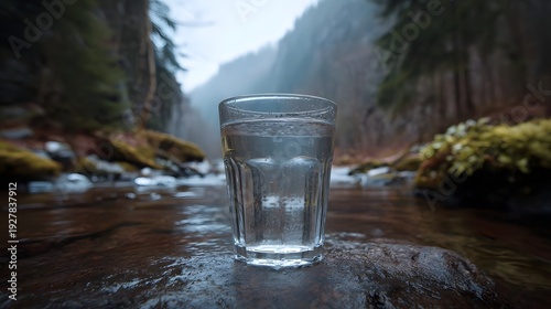 A clear glass of fresh water sits on a wet rock by a misty stream in a forest landscape