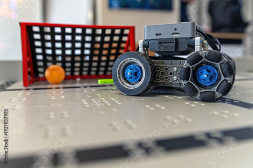 Robot positioned on a field targeting a goal during an educational technology presentation