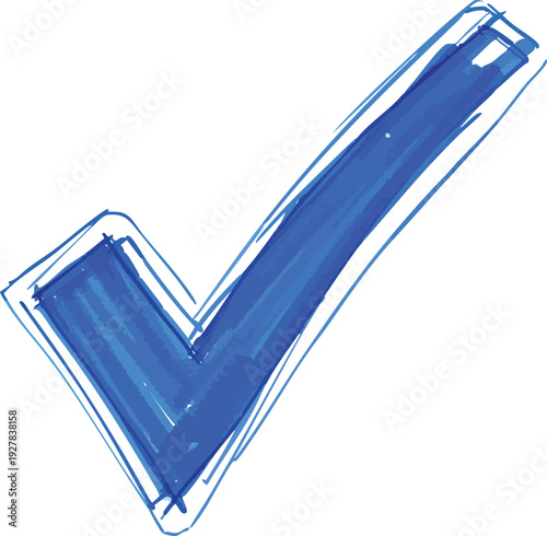 Hand-drawn blue check mark with rough scribbled lines and uneven edges isolated on white background