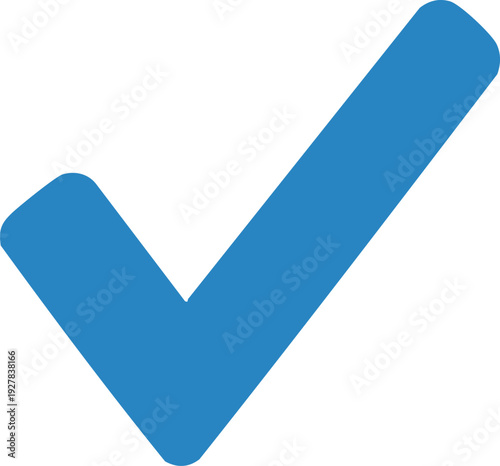 Bold blue check mark icon with rounded edges, isolated on white background