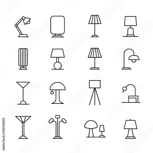 Collection of minimalist line art icons depicting various lamp and lighting designs