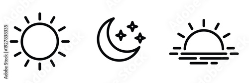 Outline sun, moon, and sunset icons set, showcasing line art weather icons, flat horizon symbols, and time of day indicators for UI and infographic design.