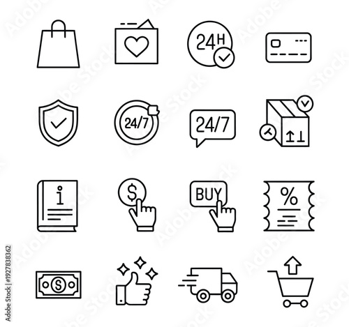 Collection of simple black outline icons representing shopping services and support