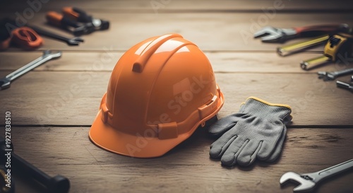 Orange Hard Hat and Tools on Wooden Surface.