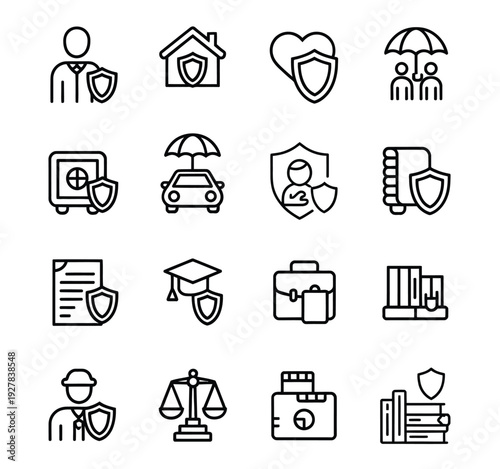 Collection of linear icons representing various protection and insurance services