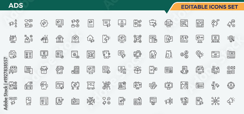 Ads line icon set. Publicity vector line icon set. Minimal icons collection. It contains symbols to business, market, marketing, campaign and more. Pictogram and infographic.