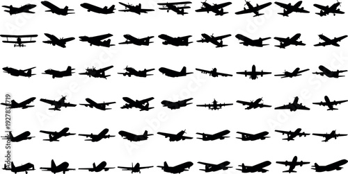 Set of black airplane silhouettes featuring diverse aviation vehicles including vintage biplanes and modern passenger jets isolated on white background.