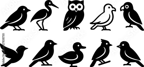 Set of 10 black and white bird icons perched and flying flat design vector illustration