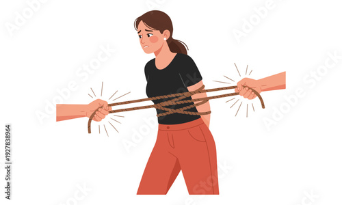 Woman tied with ropes, hands pulling, illustrating internal conflict