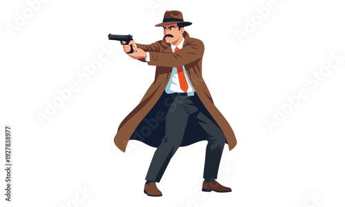 Detective in Trench Coat and Fedora Aiming Pistol