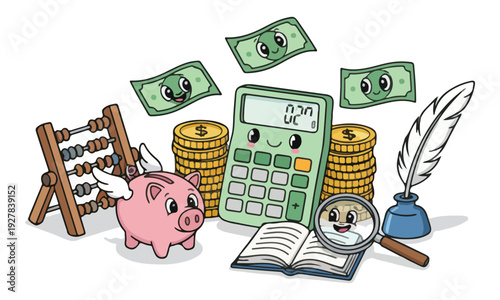 Cartoon Financial Education Elements with Cute Faces Illustration