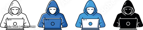 Hacker Hoodie Character Illustration Set Using Laptop Computers for Cybersecurity, Anonymous Technology Concepts, Online Privacy Awareness, and Digital Crime Vector Design