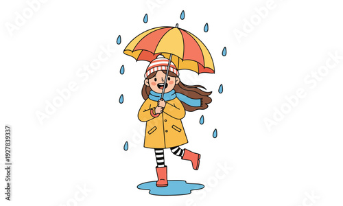 Girl in raincoat holding umbrella walking in rain puddle