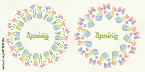 Two circular spring wreath designs with spray bottles, garden shears, butterflies, and hearts surrounding central text HAPPY Spring in decorative script, cheerful seasonal illustration for festive
