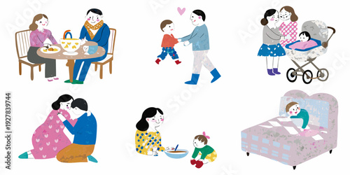 Illustrations of family life moments of connection and everyday activities