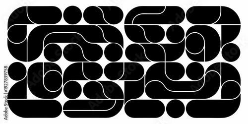 Abstract geometric pattern of overlapping black rounded shapes on white