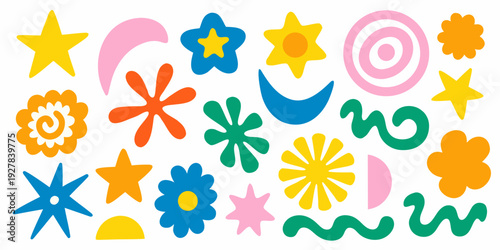 Colorful abstract shapes and patterns arranged in a playful composition