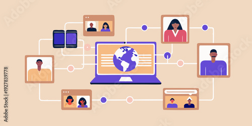Global network connecting people through digital devices and video conferencing