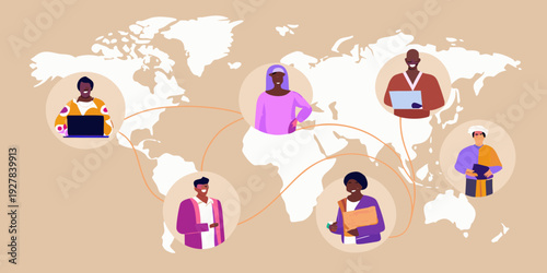 Diverse people connecting globally through technology and communication networks