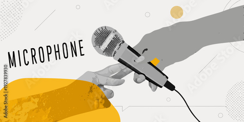 A hand reaching for a microphone with bold text overlay