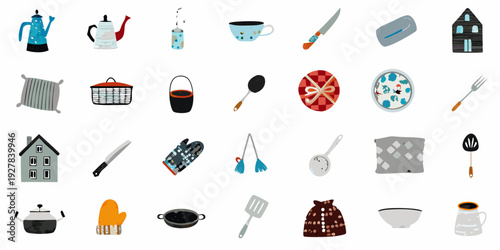 A collection of colorful stylized kitchen objects and household items