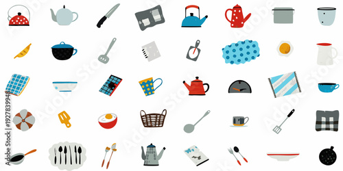 Assorted kitchen utensils and cookware in a colorful flat design