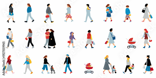 Diverse group of stylized people walking in various casual outfits
