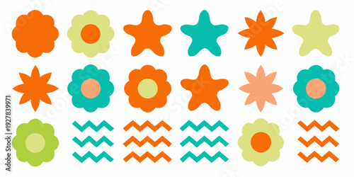 Colorful floral and star shapes arranged in neat rows and patterns