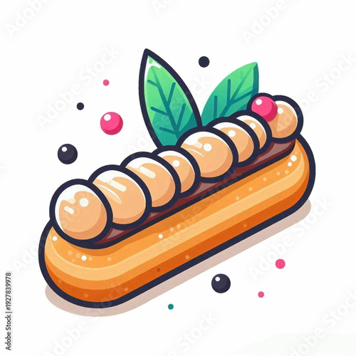 A cartoon drawing depicts a dessert pastry garnished with light tan spheres leaves and colorful dots against a white backdrop