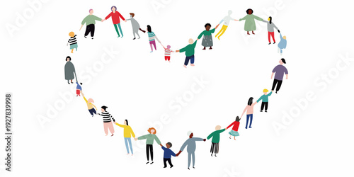 Diverse group of people forming a heart shape symbolizing unity