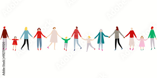 A diverse group of people holding hands in a connected line