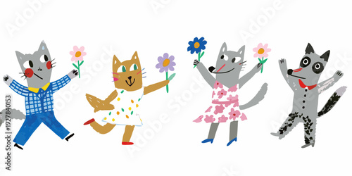 Anthropomorphic animals celebrate with flowers in a playful illustration