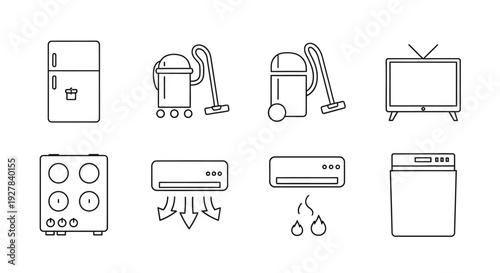 Collection of essential black and white outline icons representing various home appliances and electronics for modern living.