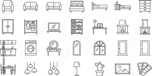 Home Furniture and Interior Icon Set with Sofa, Bed, Table, Lamp, Storage, and Household Decor Symbols for Real Estate, Apps, and Vector Designs