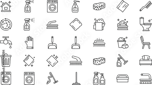 Home Cleaning and Housekeeping Line Icon Set with Spray Bottles, Brushes, Buckets, Sponges, Laundry, and Household Maintenance Symbols