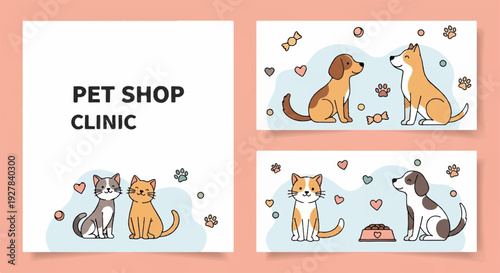 Pet shop clinic sign with cartoon animals and paw prints on light blue background