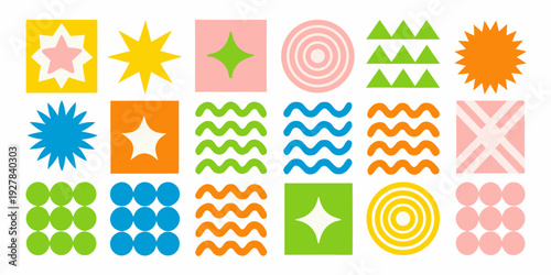 Colorful geometric shapes and patterns arranged in a grid formation