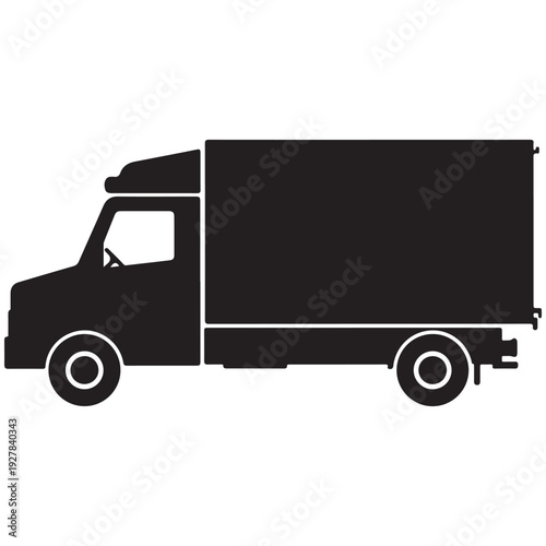 Black silhouette of a delivery truck with a large box body and wheels on a white background  no people  simple illustration