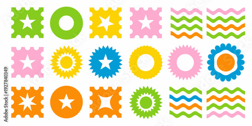 Colorful geometric shapes and patterns arranged in a grid formation