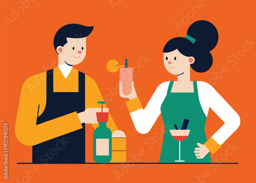 A man and a woman, both bartenders in aprons, prepare colorful cocktails in a team setting.