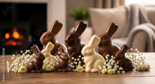 Chocolate Easter Bunnies on Wooden Table.