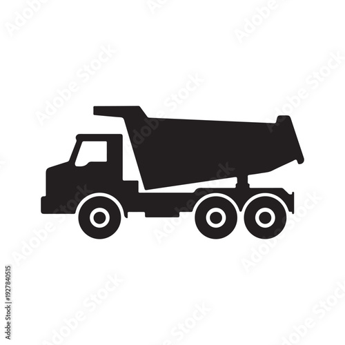 Black silhouette of a dump truck with three axles and a large bed  side view  isolated on white background