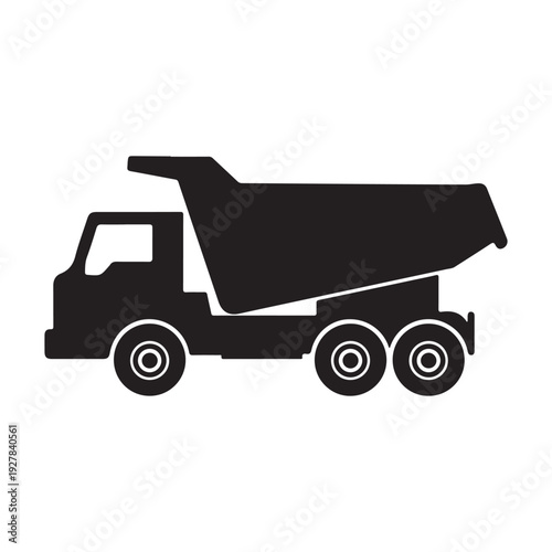 Black silhouette of a dump truck with three axles and a raised bed on a white background
