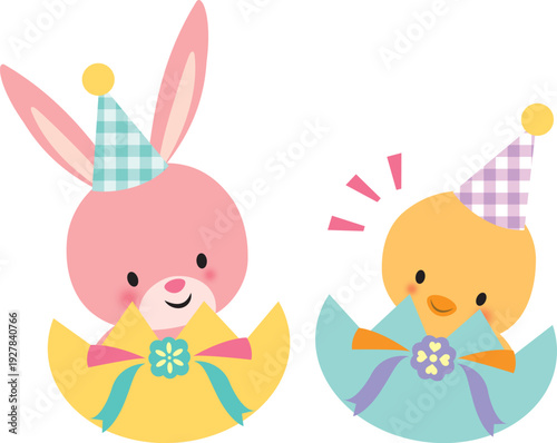 卵から顔を出すうさぎとひよこ